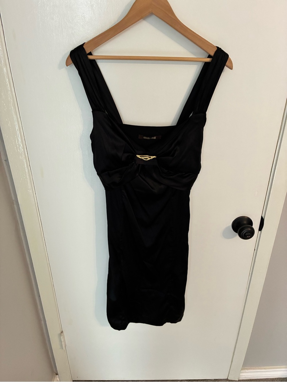 Roberto Cavalli Y2K Black Silk Mini Dress ✨ Gold Detail Ruched Bust
